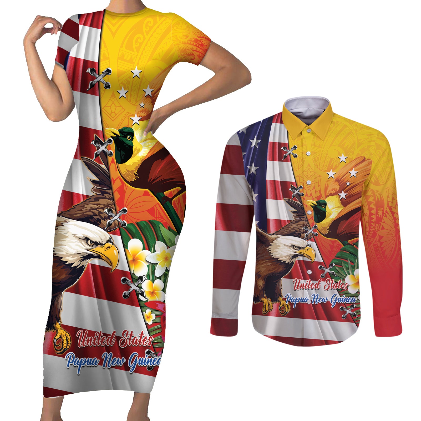 Personalised United States And Papua New Guinea Couples Matching Short Sleeve Bodycon Dress and Long Sleeve Button Shirt USA Eagle With PNG Bird Of Paradise
