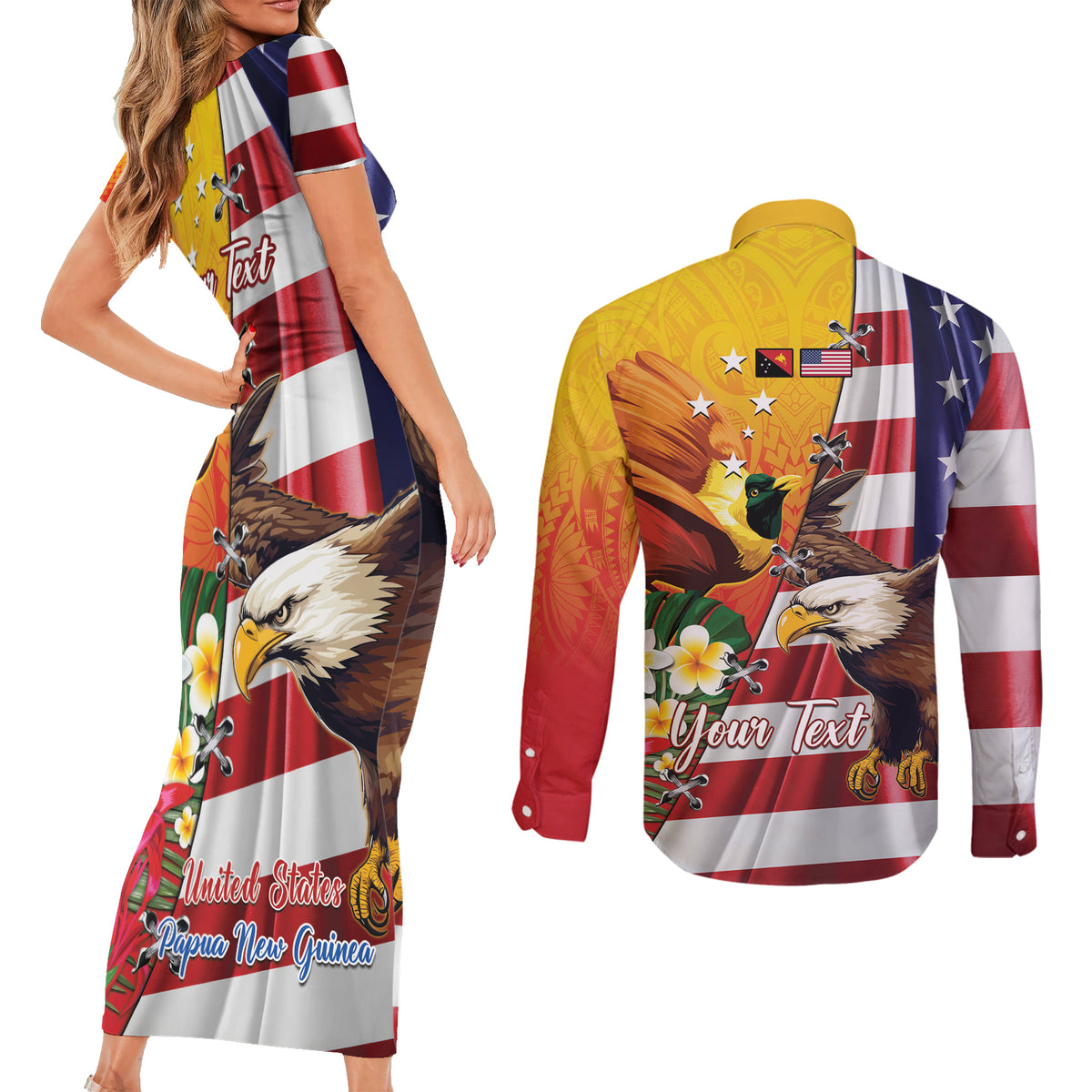 Personalised United States And Papua New Guinea Couples Matching Short Sleeve Bodycon Dress and Long Sleeve Button Shirt USA Eagle With PNG Bird Of Paradise
