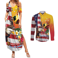 Personalised United States And Papua New Guinea Couples Matching Summer Maxi Dress and Long Sleeve Button Shirt USA Eagle With PNG Bird Of Paradise