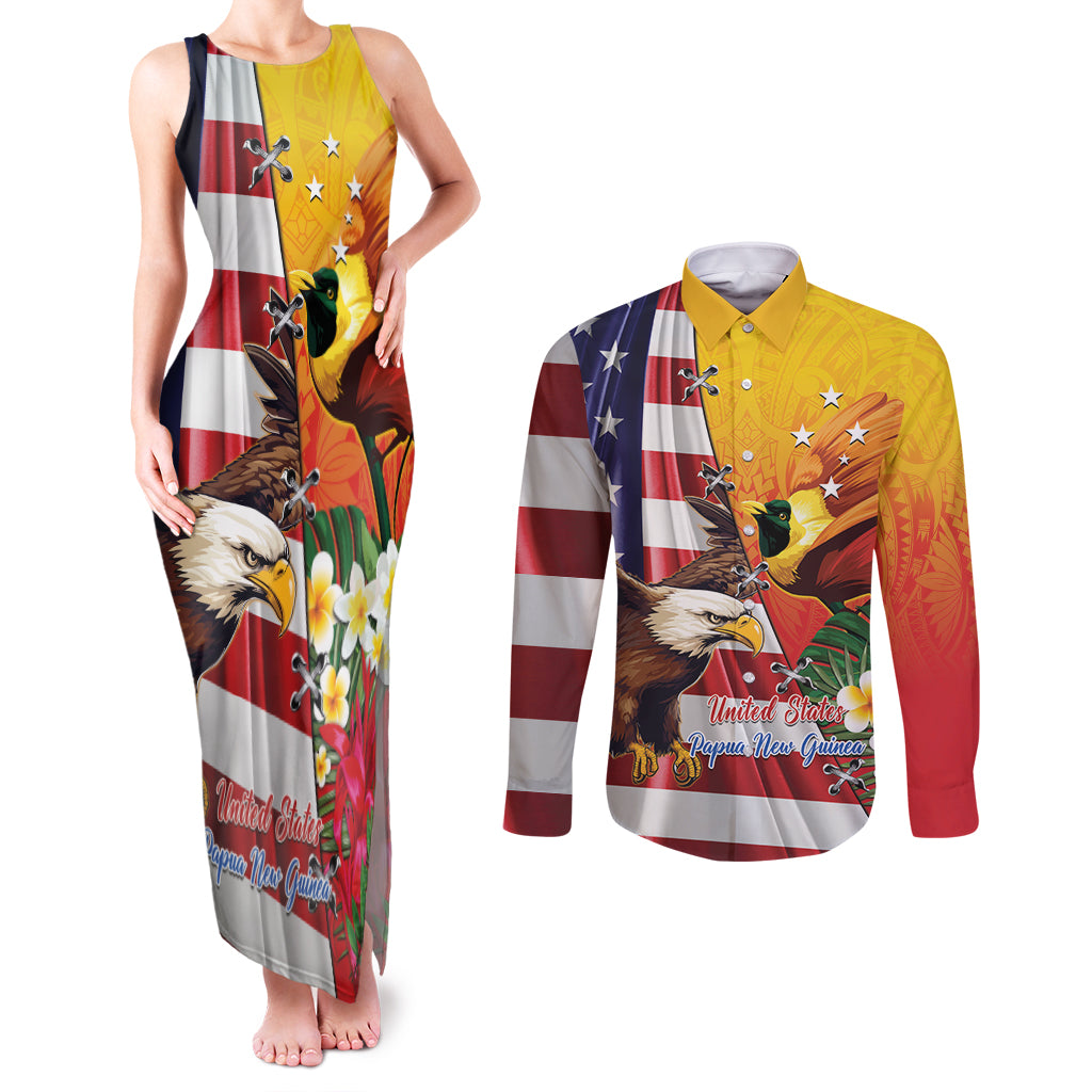 Personalised United States And Papua New Guinea Couples Matching Tank Maxi Dress and Long Sleeve Button Shirt USA Eagle With PNG Bird Of Paradise
