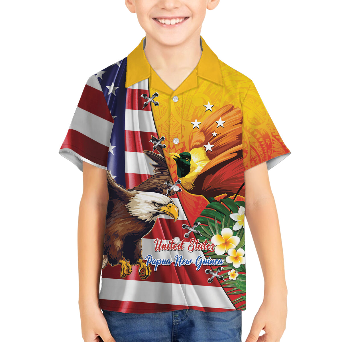 Personalised United States And Papua New Guinea Family Matching Puletasi and Hawaiian Shirt USA Eagle With PNG Bird Of Paradise
