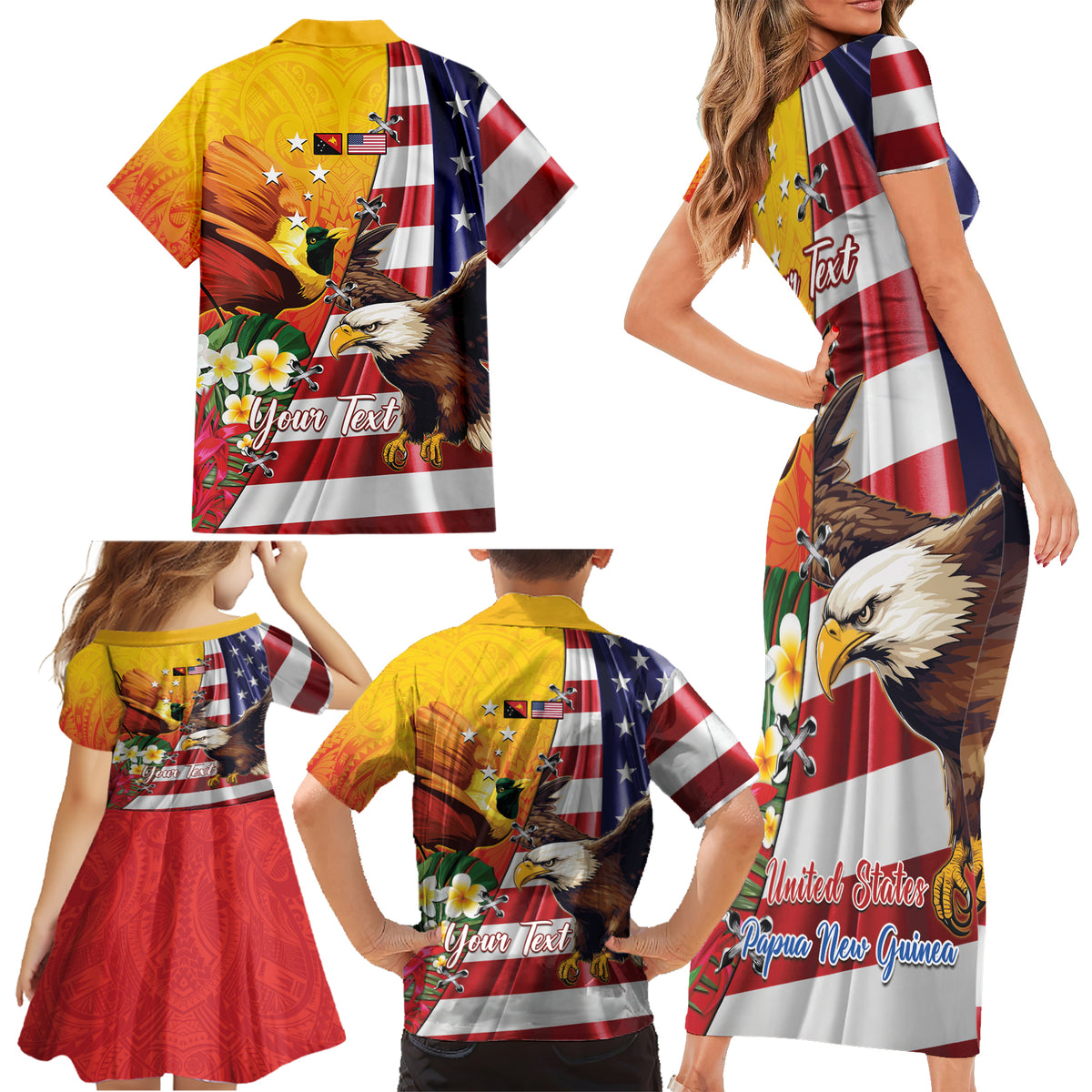 Personalised United States And Papua New Guinea Family Matching Short Sleeve Bodycon Dress and Hawaiian Shirt USA Eagle With PNG Bird Of Paradise