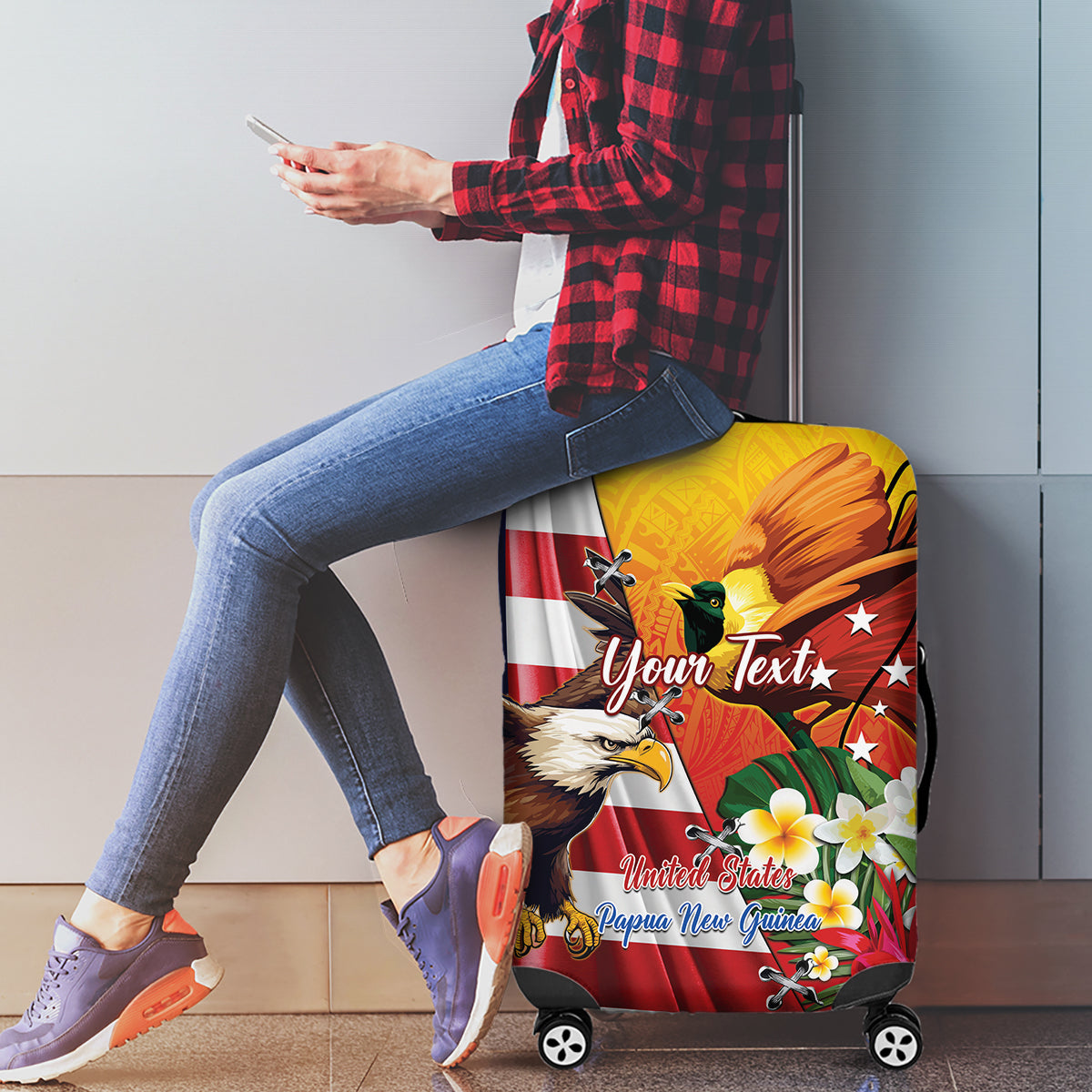 Personalised United States And Papua New Guinea Luggage Cover USA Eagle With PNG Bird Of Paradise