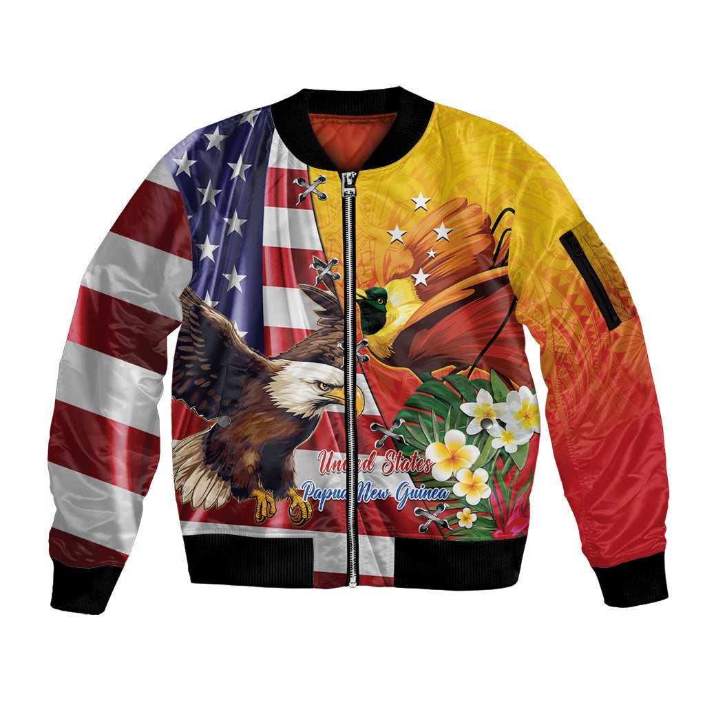 Personalised United States And Papua New Guinea Sleeve Zip Bomber Jacket USA Eagle With PNG Bird Of Paradise