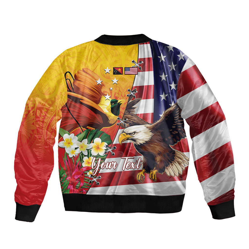 Personalised United States And Papua New Guinea Sleeve Zip Bomber Jacket USA Eagle With PNG Bird Of Paradise