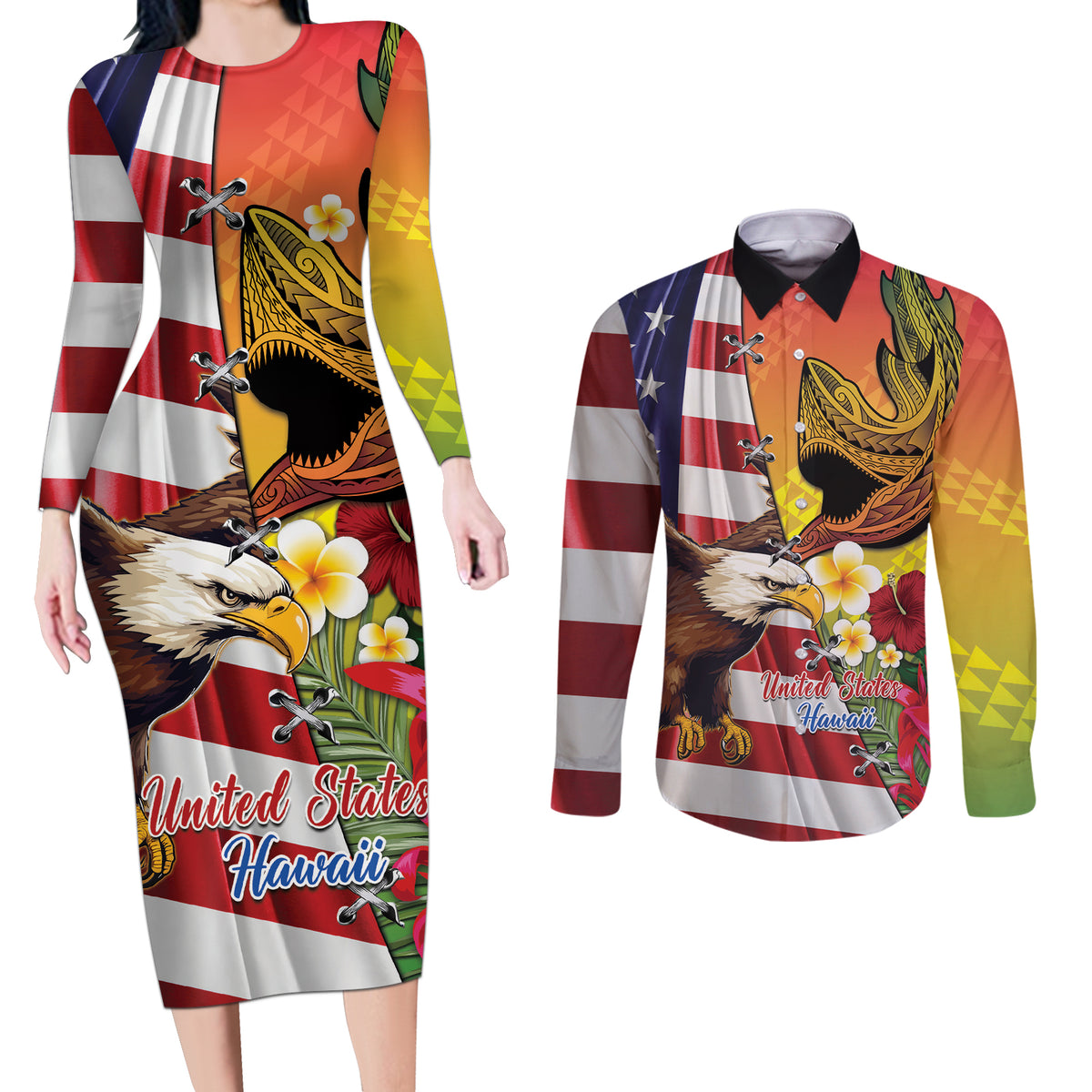 Personalised United States And Hawaii Couples Matching Long Sleeve Bodycon Dress and Long Sleeve Button Shirt USA Eagle With Hawaiian Shark Tattoo