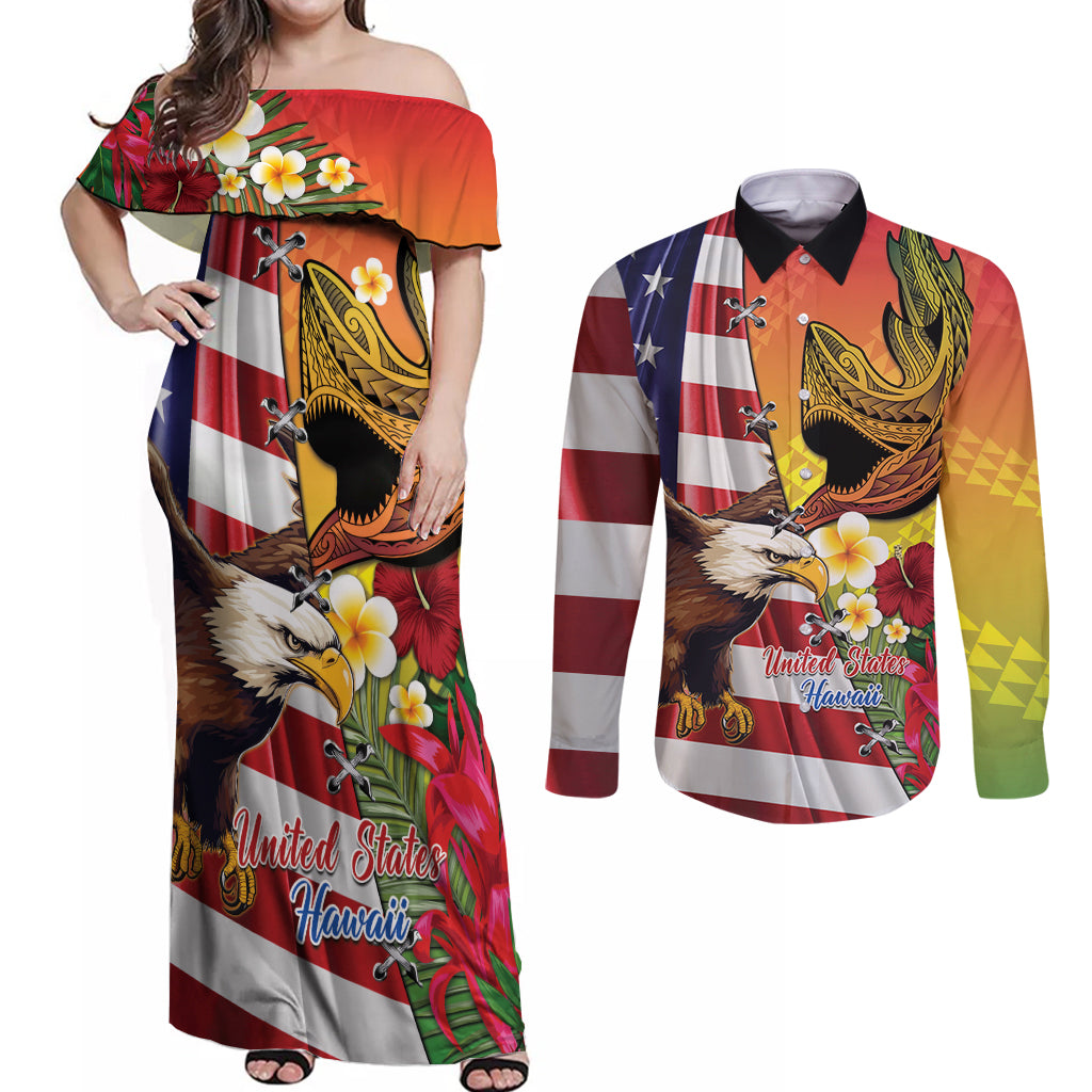 Personalised United States And Hawaii Couples Matching Off Shoulder Maxi Dress and Long Sleeve Button Shirt USA Eagle With Hawaiian Shark Tattoo