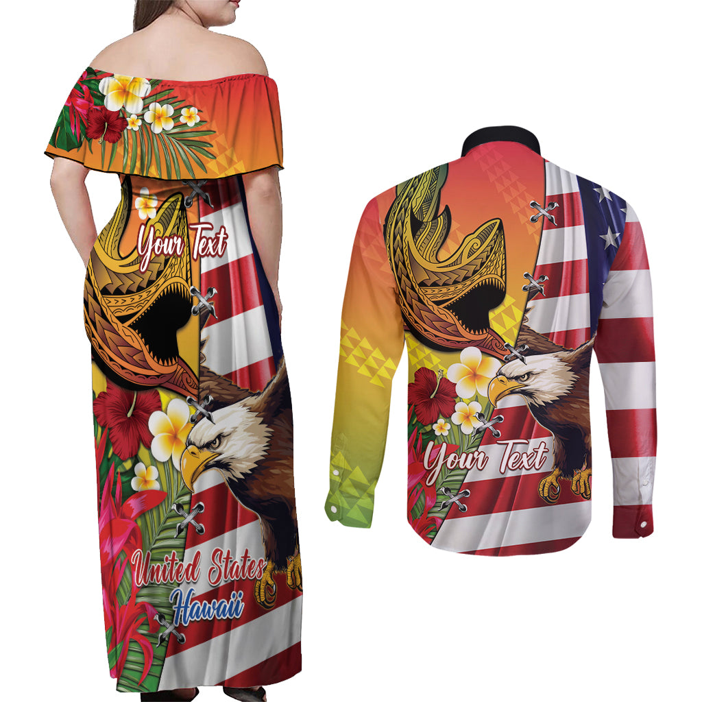 Personalised United States And Hawaii Couples Matching Off Shoulder Maxi Dress and Long Sleeve Button Shirt USA Eagle With Hawaiian Shark Tattoo