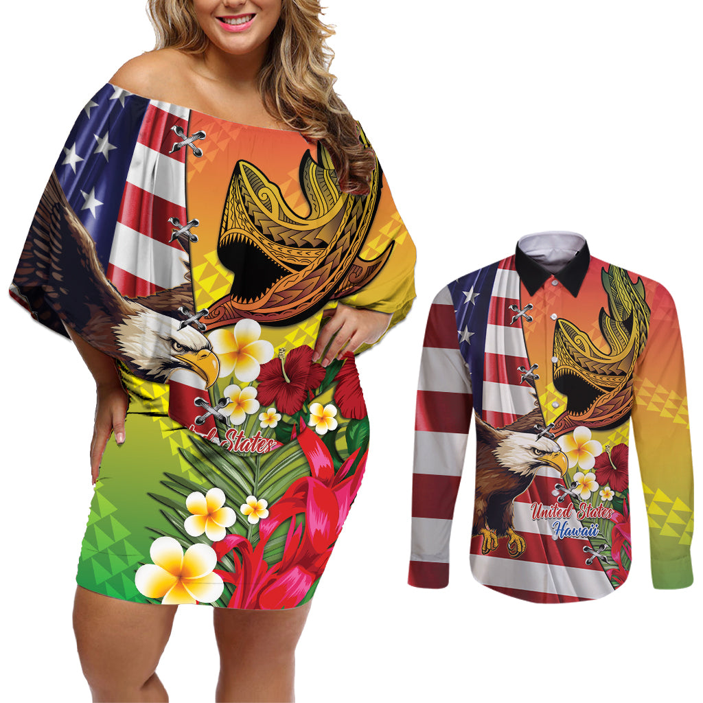 Personalised United States And Hawaii Couples Matching Off Shoulder Short Dress and Long Sleeve Button Shirt USA Eagle With Hawaiian Shark Tattoo
