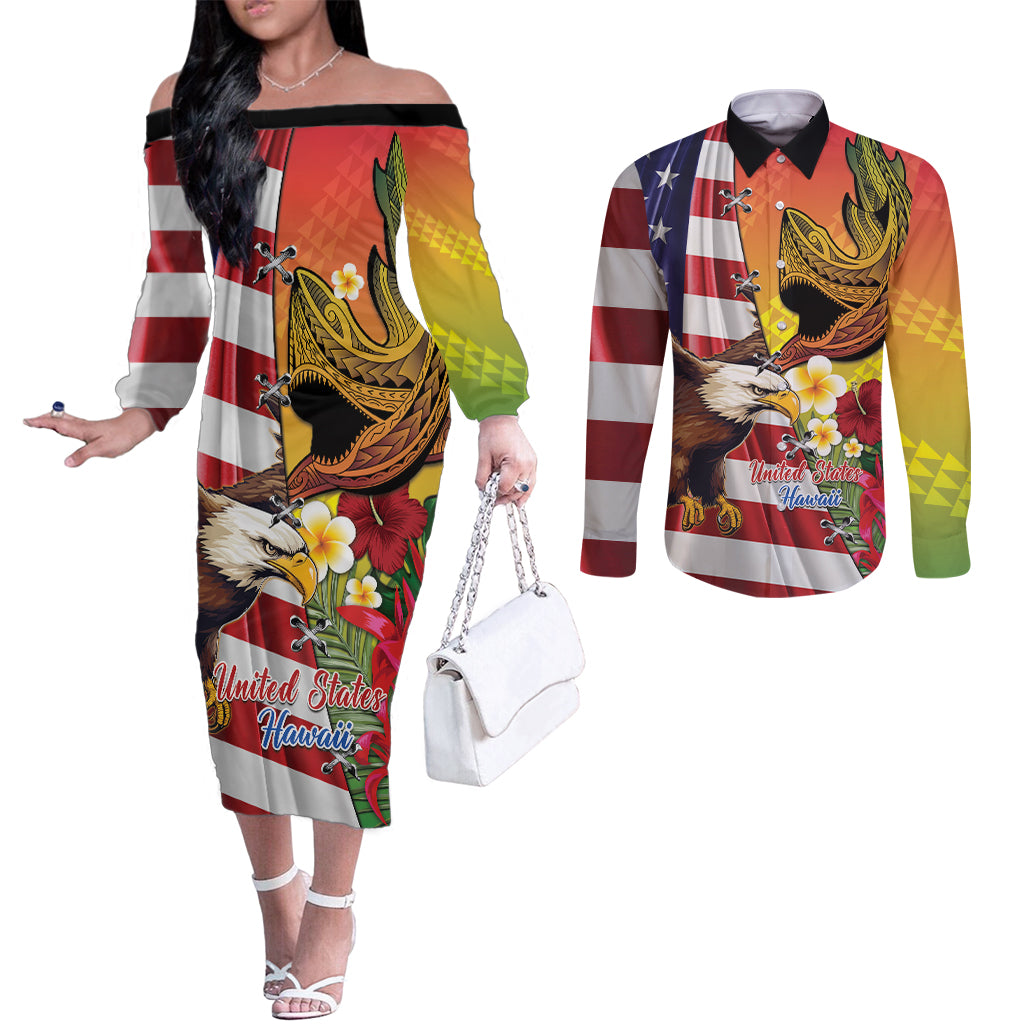 Personalised United States And Hawaii Couples Matching Off The Shoulder Long Sleeve Dress and Long Sleeve Button Shirt USA Eagle With Hawaiian Shark Tattoo