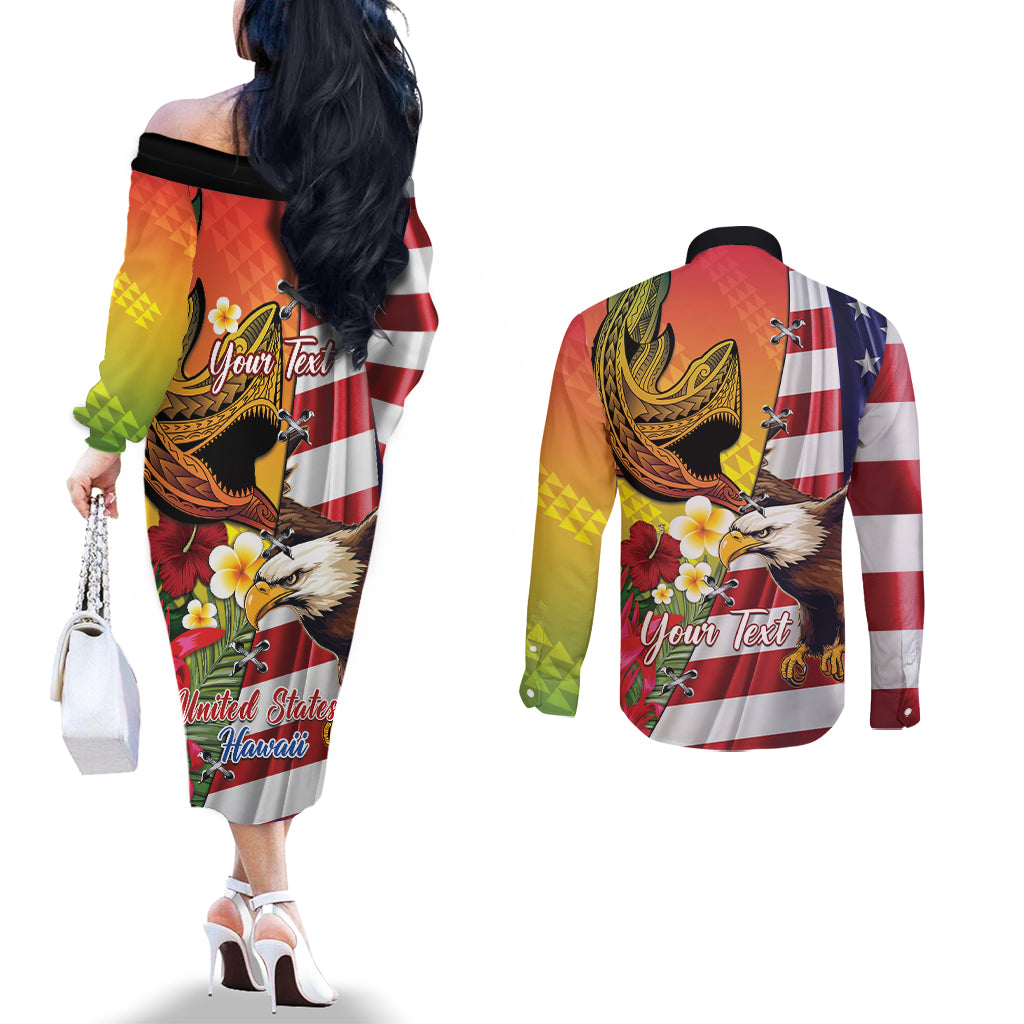Personalised United States And Hawaii Couples Matching Off The Shoulder Long Sleeve Dress and Long Sleeve Button Shirt USA Eagle With Hawaiian Shark Tattoo