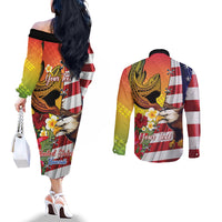 Personalised United States And Hawaii Couples Matching Off The Shoulder Long Sleeve Dress and Long Sleeve Button Shirt USA Eagle With Hawaiian Shark Tattoo