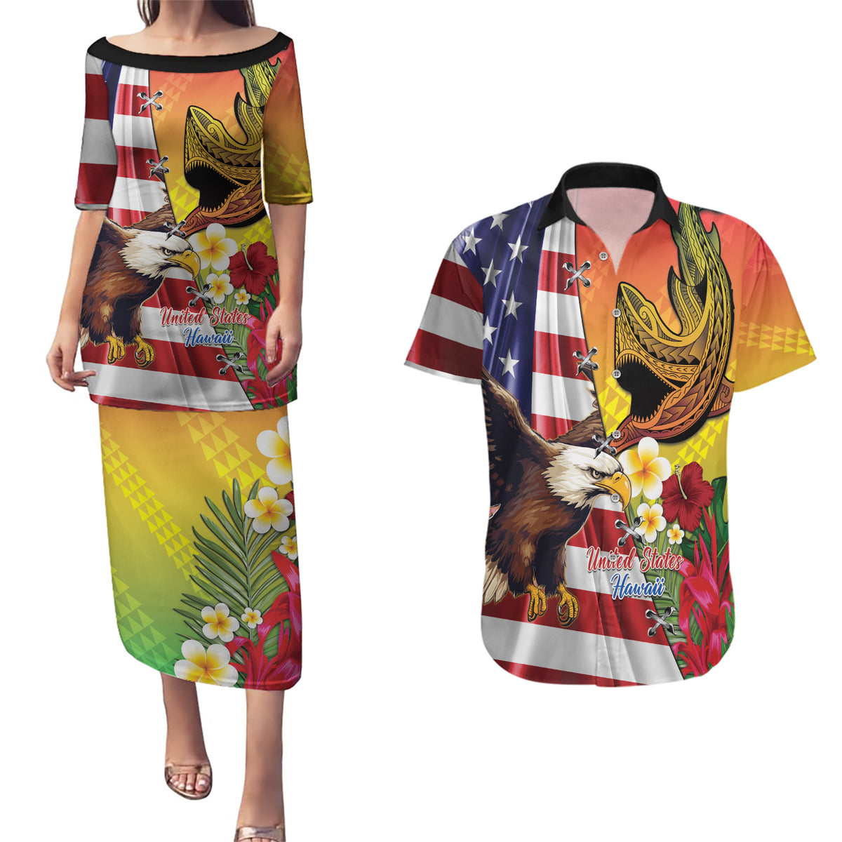 Personalised United States And Hawaii Couples Matching Puletasi and Hawaiian Shirt USA Eagle With Hawaiian Shark Tattoo