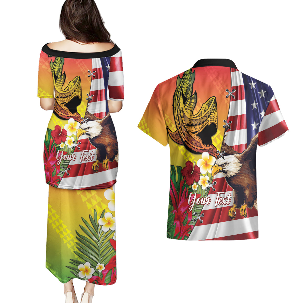 Personalised United States And Hawaii Couples Matching Puletasi and Hawaiian Shirt USA Eagle With Hawaiian Shark Tattoo