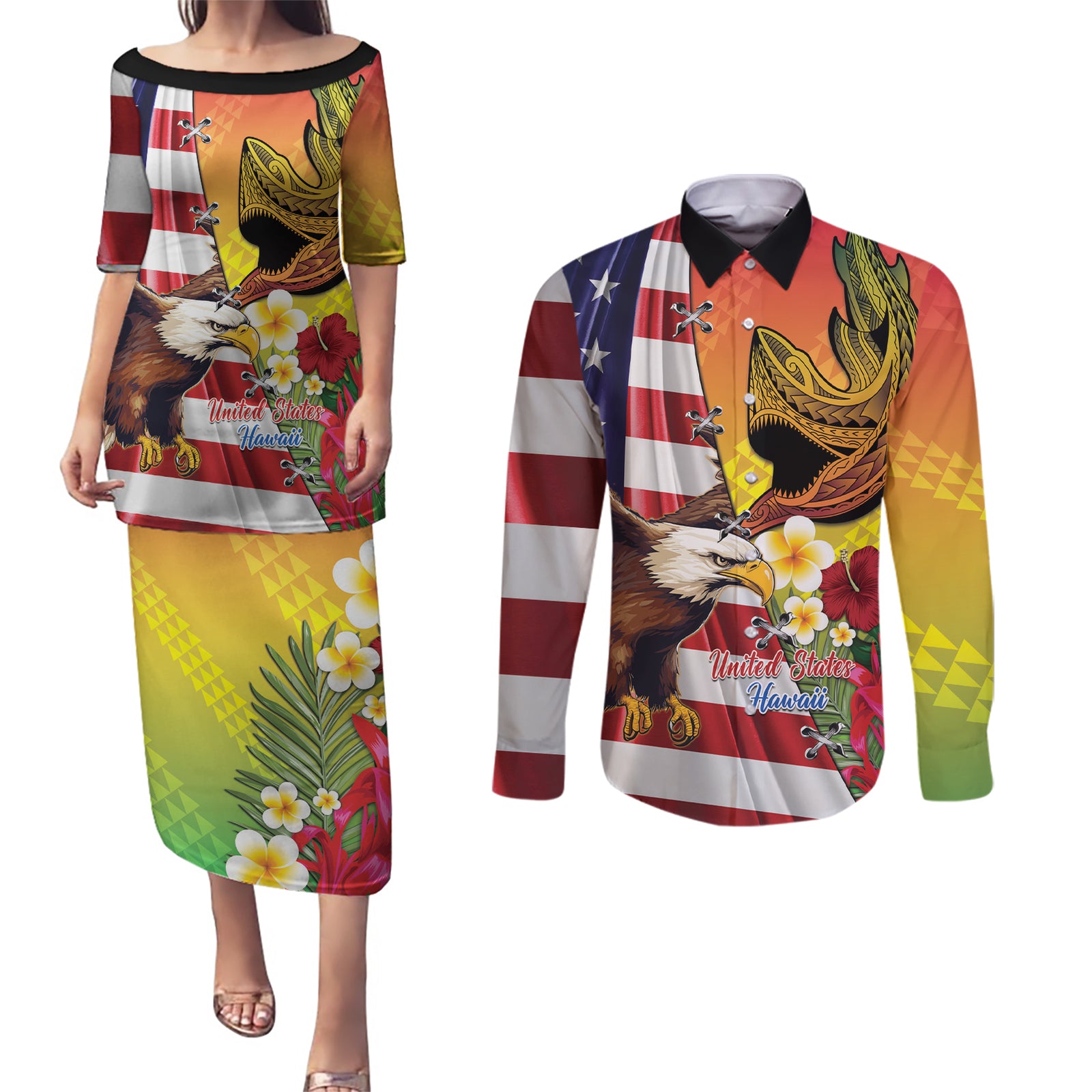 Personalised United States And Hawaii Couples Matching Puletasi and Long Sleeve Button Shirt USA Eagle With Hawaiian Shark Tattoo