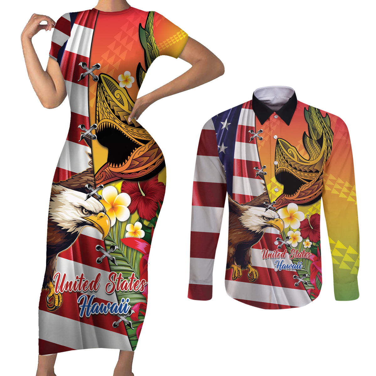 Personalised United States And Hawaii Couples Matching Short Sleeve Bodycon Dress and Long Sleeve Button Shirt USA Eagle With Hawaiian Shark Tattoo