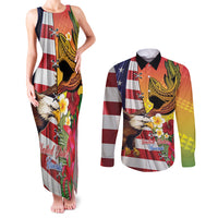 Personalised United States And Hawaii Couples Matching Tank Maxi Dress and Long Sleeve Button Shirt USA Eagle With Hawaiian Shark Tattoo