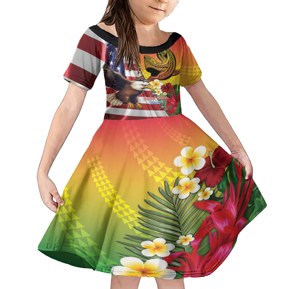 Personalised United States And Hawaii Family Matching Off The Shoulder Long Sleeve Dress and Hawaiian Shirt USA Eagle With Hawaiian Shark Tattoo