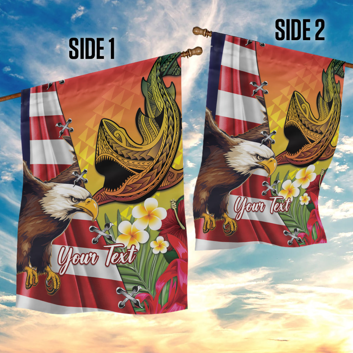 Personalised United States And Hawaii Garden Flag USA Eagle With Hawaiian Shark Tattoo LT14 - Polynesian Pride