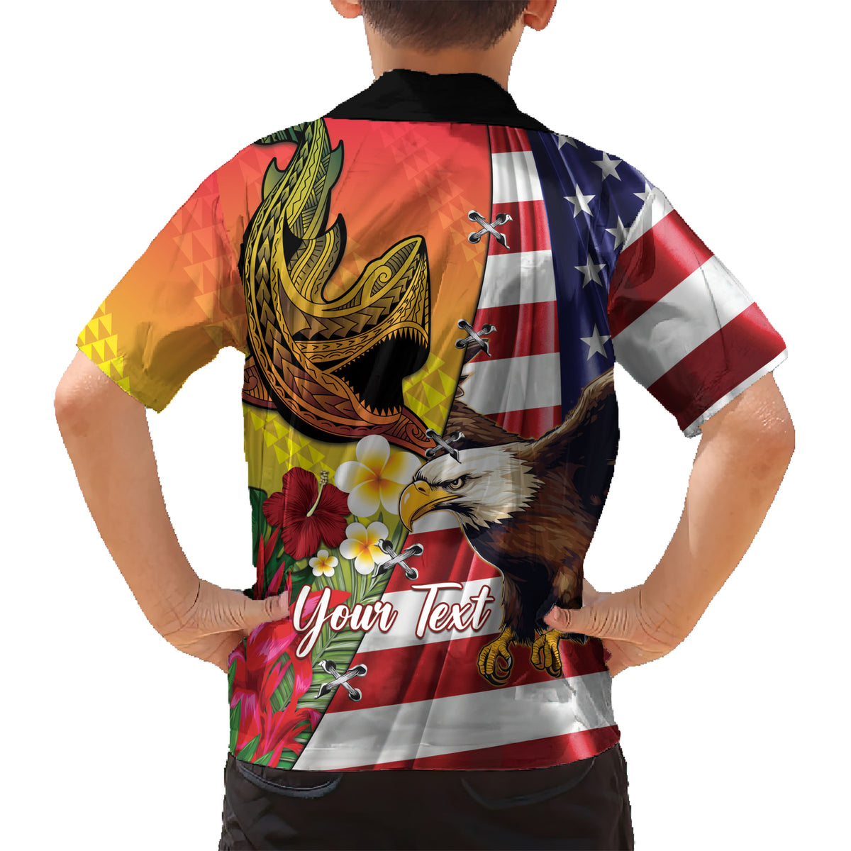 Personalised United States And Hawaii Kid Hawaiian Shirt USA Eagle With Hawaiian Shark Tattoo
