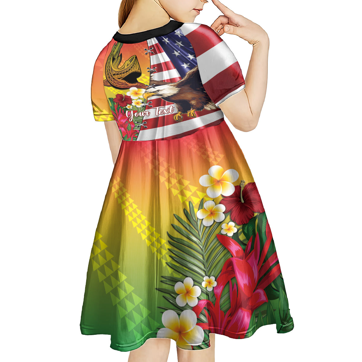 Personalised United States And Hawaii Kid Short Sleeve Dress USA Eagle With Hawaiian Shark Tattoo