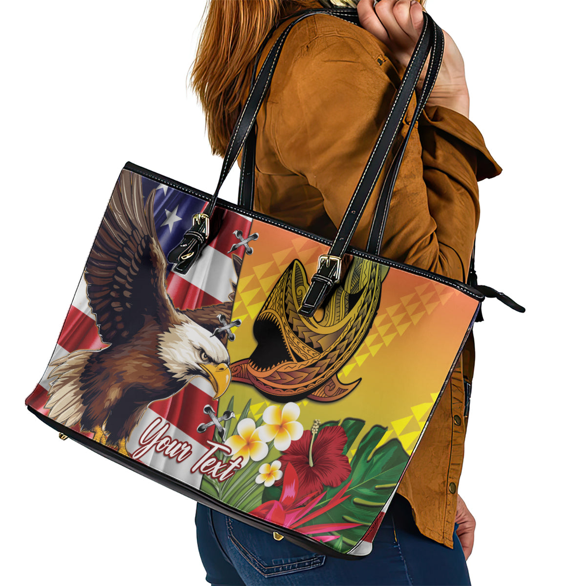 Personalised United States And Hawaii Leather Tote Bag USA Eagle With Hawaiian Shark Tattoo