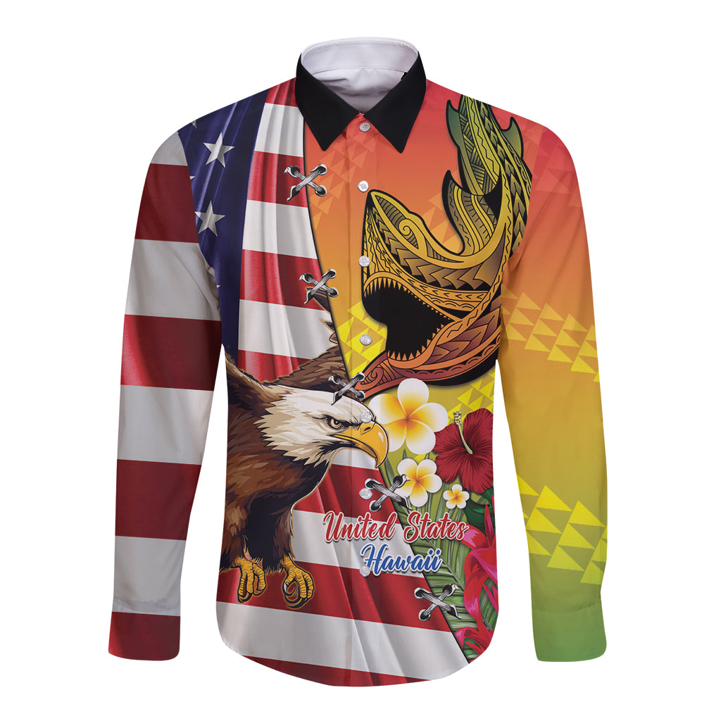 Personalised United States And Hawaii Long Sleeve Button Shirt USA Eagle With Hawaiian Shark Tattoo LT14 Unisex Red - Polynesian Pride