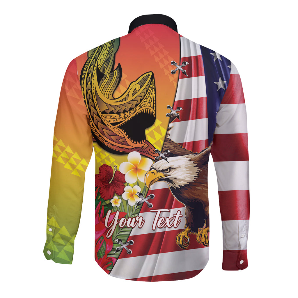 Personalised United States And Hawaii Long Sleeve Button Shirt USA Eagle With Hawaiian Shark Tattoo LT14 - Polynesian Pride