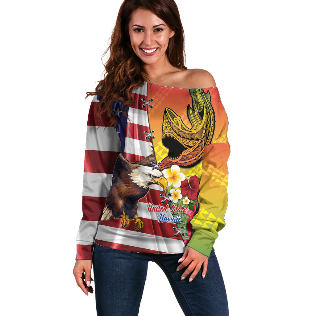 Personalised United States And Hawaii Off Shoulder Sweater USA Eagle With Hawaiian Shark Tattoo LT14 Women Red - Polynesian Pride