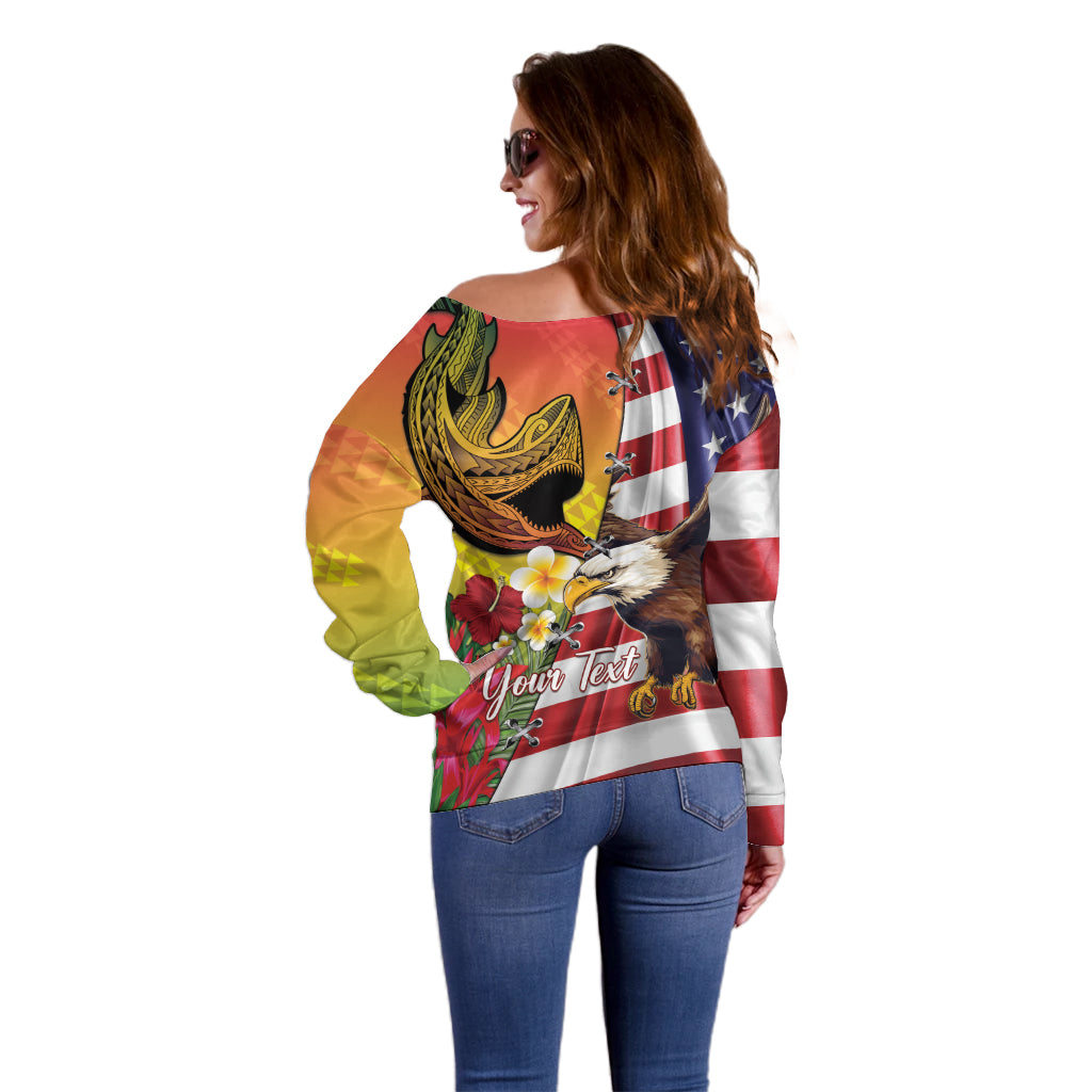 Personalised United States And Hawaii Off Shoulder Sweater USA Eagle With Hawaiian Shark Tattoo LT14 - Polynesian Pride