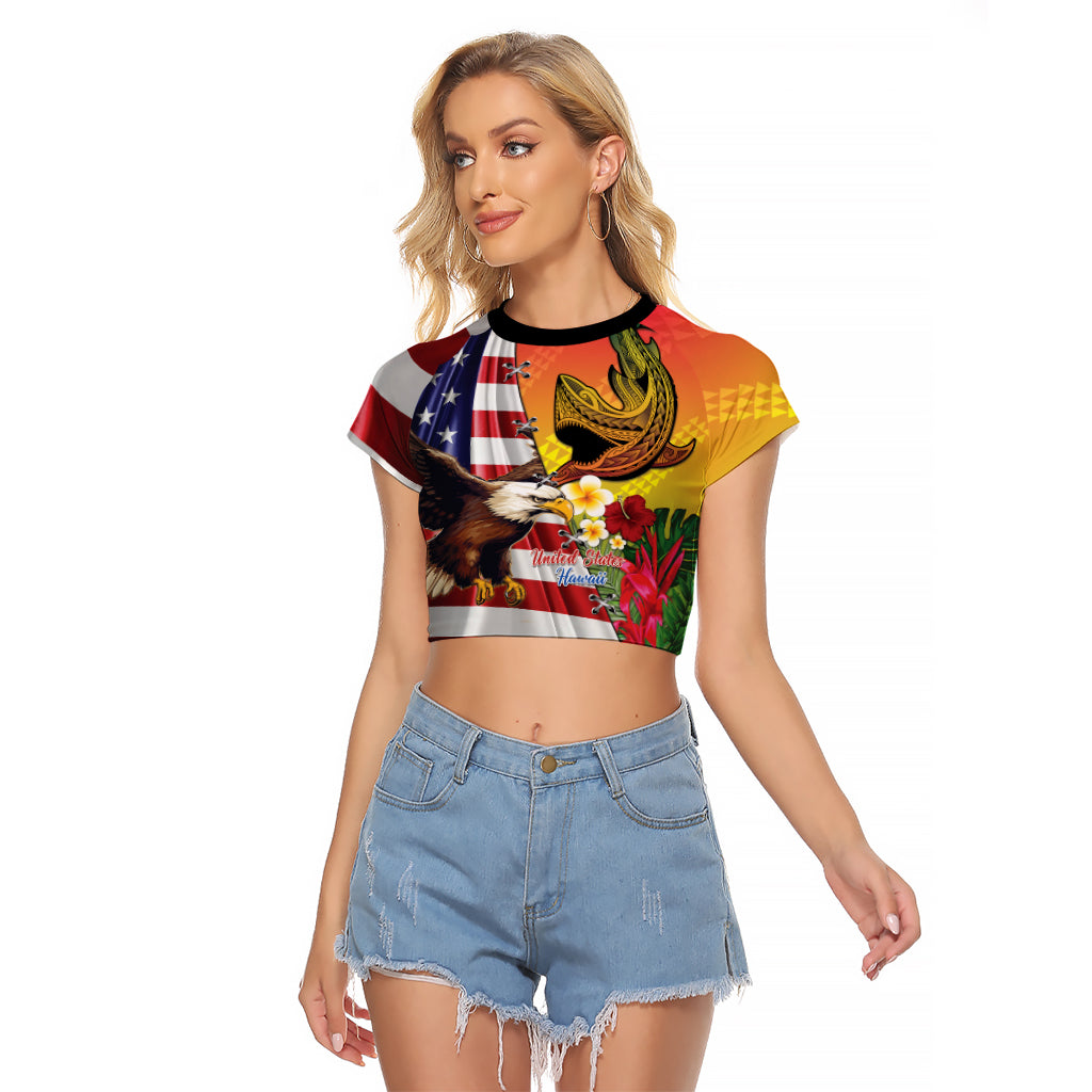 Personalised United States And Hawaii Raglan Cropped T Shirt USA Eagle With Hawaiian Shark Tattoo