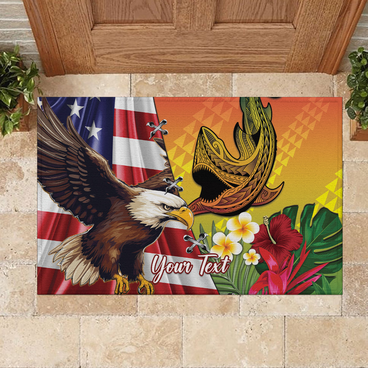 Personalised United States And Hawaii Rubber Doormat USA Eagle With Hawaiian Shark Tattoo LT14 - Polynesian Pride