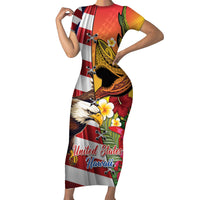 Personalised United States And Hawaii Short Sleeve Bodycon Dress USA Eagle With Hawaiian Shark Tattoo LT14 Long Dress Red - Polynesian Pride