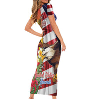 Personalised United States And Hawaii Short Sleeve Bodycon Dress USA Eagle With Hawaiian Shark Tattoo LT14 - Polynesian Pride