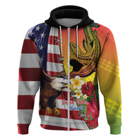Personalised United States And Hawaii Zip Hoodie USA Eagle With Hawaiian Shark Tattoo