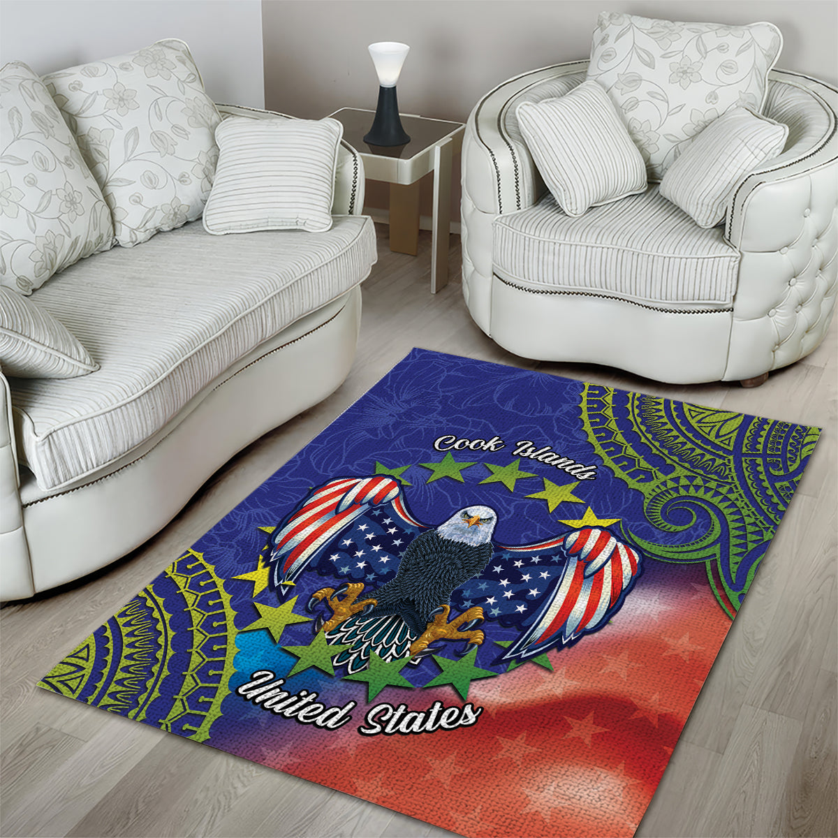 Personalised United States And Cook Islands Area Rug USA Eagle Mix Polynesian Pattern