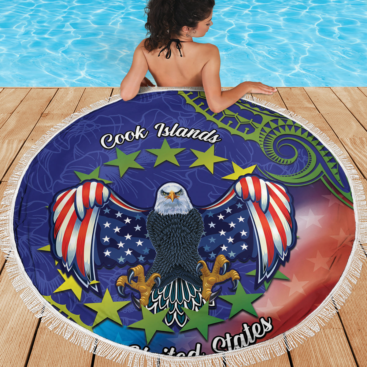 Personalised United States And Cook Islands Beach Blanket USA Eagle Mix Polynesian Pattern