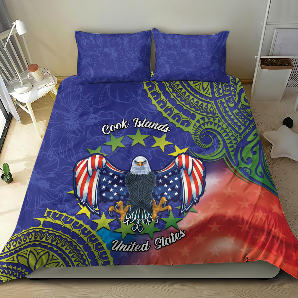 Personalised United States And Cook Islands Bedding Set USA Eagle Mix Polynesian Pattern