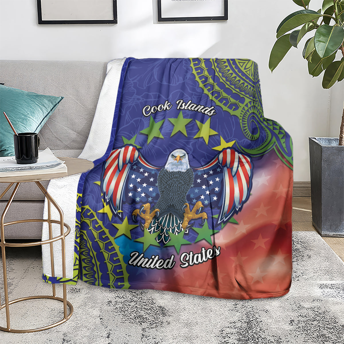 Personalised United States And Cook Islands Blanket USA Eagle Mix Polynesian Pattern