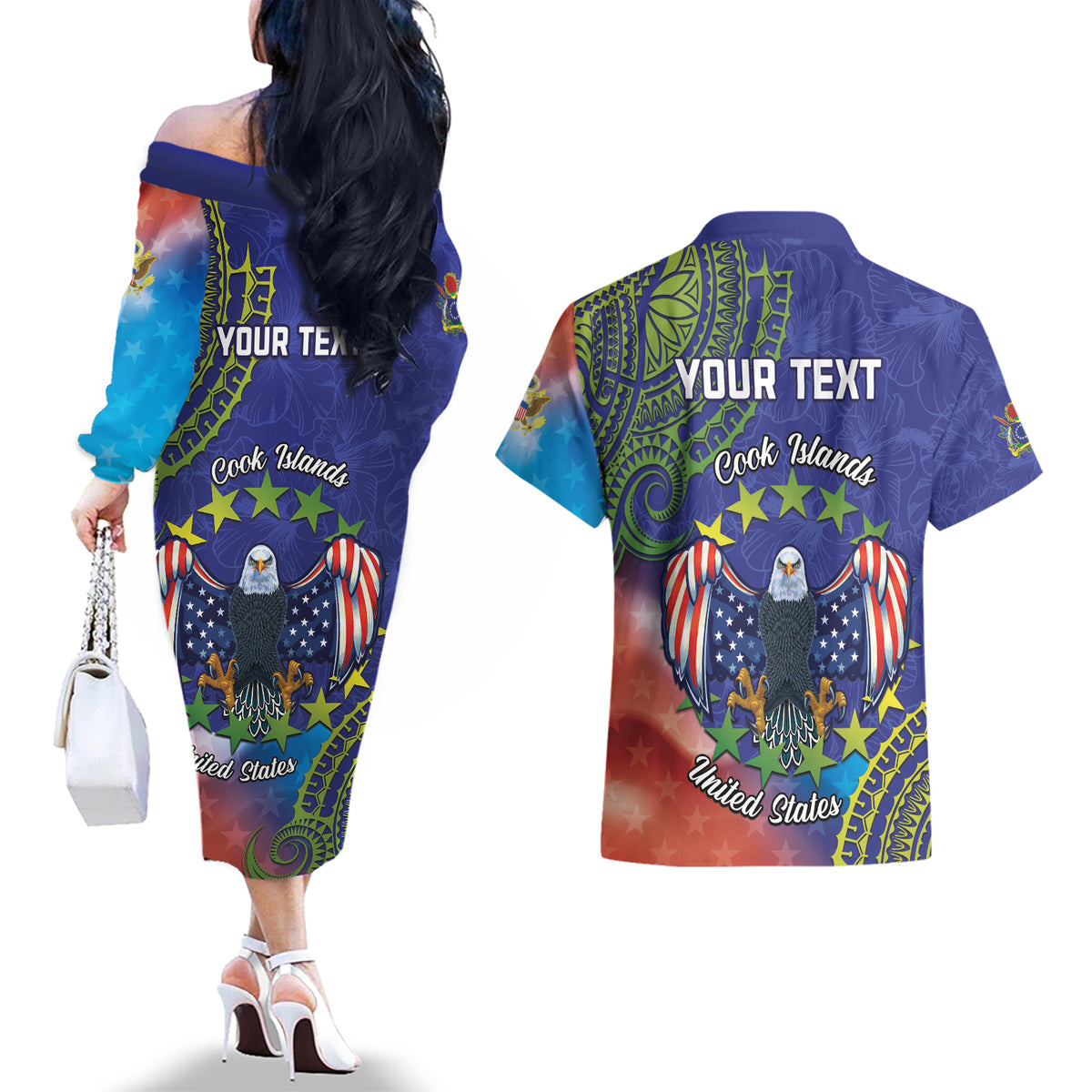 Personalised United States And Cook Islands Couples Matching Off The Shoulder Long Sleeve Dress and Hawaiian Shirt USA Eagle Mix Polynesian Pattern
