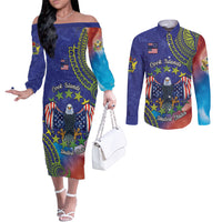Personalised United States And Cook Islands Couples Matching Off The Shoulder Long Sleeve Dress and Long Sleeve Button Shirt USA Eagle Mix Polynesian Pattern LT14 Blue - Polynesian Pride