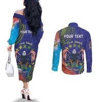 Personalised United States And Cook Islands Couples Matching Off The Shoulder Long Sleeve Dress and Long Sleeve Button Shirt USA Eagle Mix Polynesian Pattern LT14 - Polynesian Pride