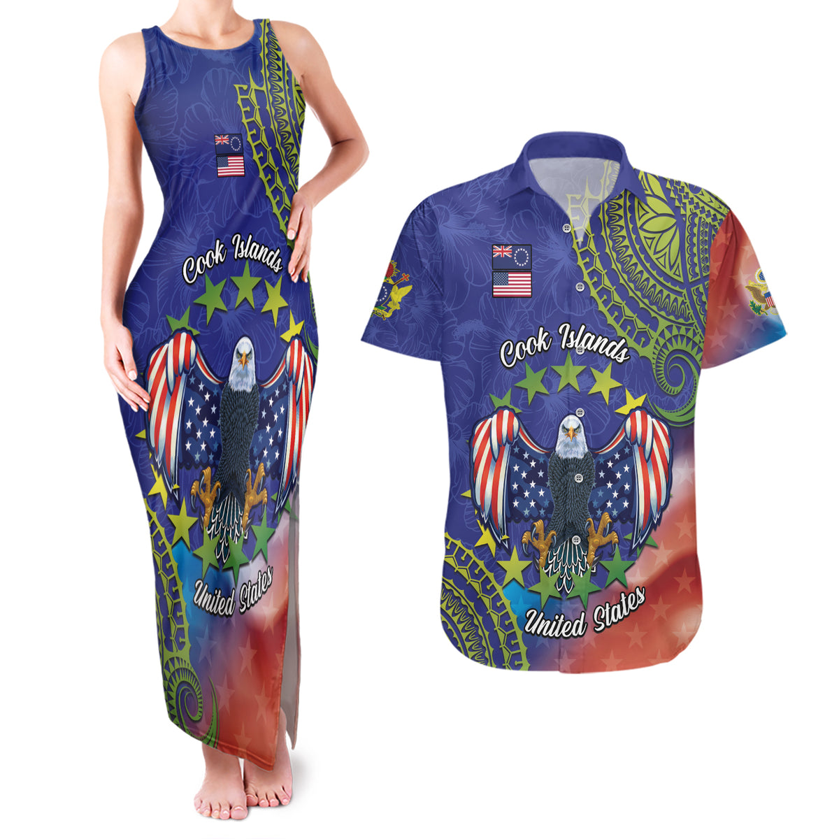 Personalised United States And Cook Islands Couples Matching Tank Maxi Dress and Hawaiian Shirt USA Eagle Mix Polynesian Pattern LT14 Blue - Polynesian Pride