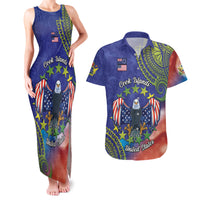 Personalised United States And Cook Islands Couples Matching Tank Maxi Dress and Hawaiian Shirt USA Eagle Mix Polynesian Pattern LT14 Blue - Polynesian Pride