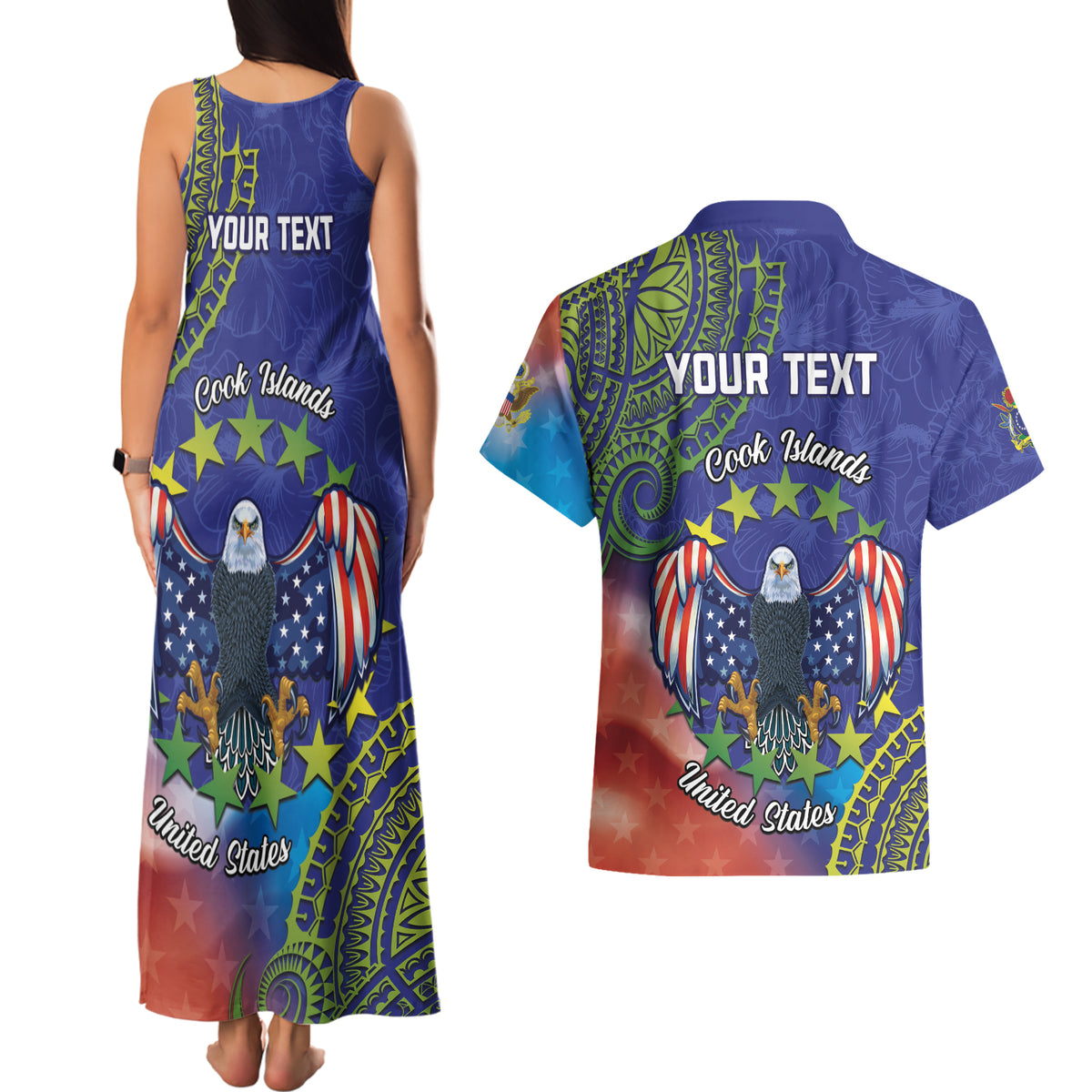 Personalised United States And Cook Islands Couples Matching Tank Maxi Dress and Hawaiian Shirt USA Eagle Mix Polynesian Pattern LT14 - Polynesian Pride