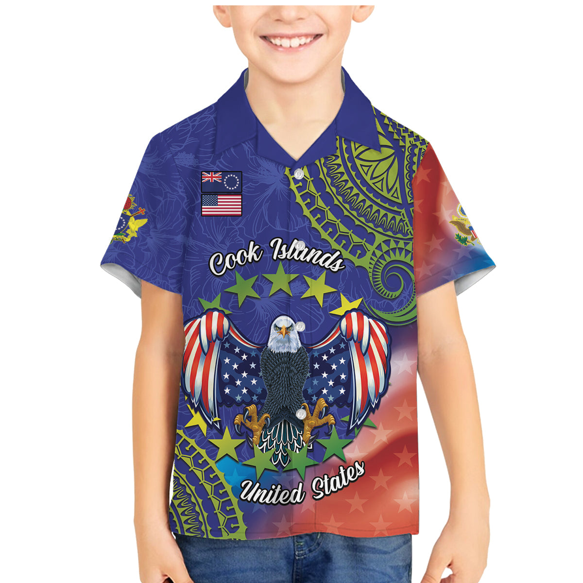 Personalised United States And Cook Islands Family Matching Mermaid Dress and Hawaiian Shirt USA Eagle Mix Polynesian Pattern