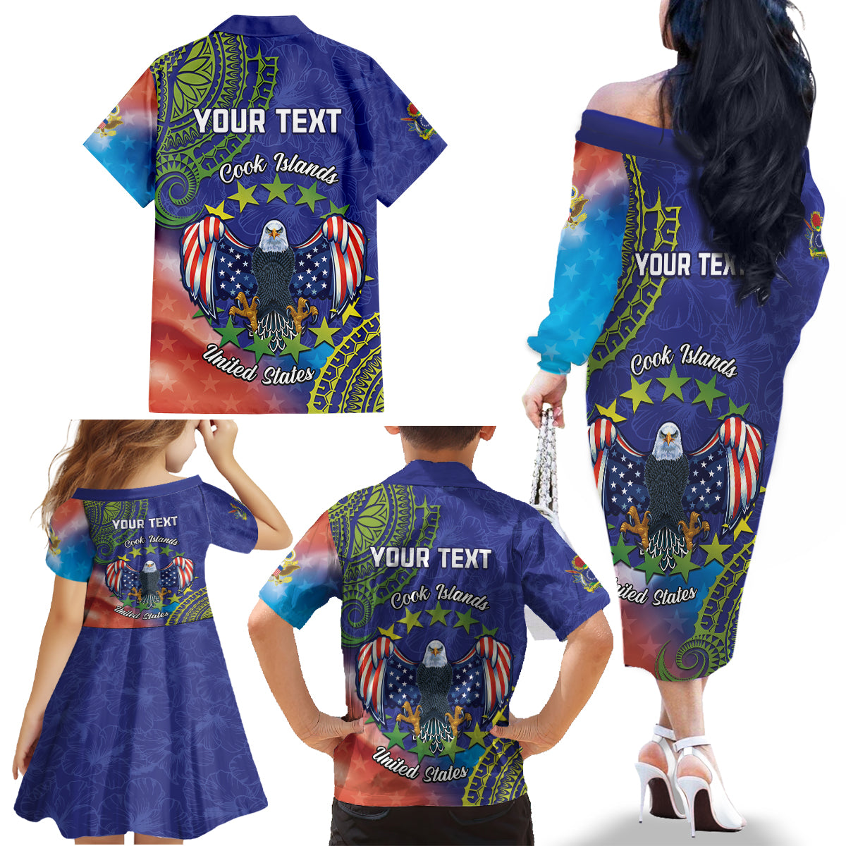 Personalised United States And Cook Islands Family Matching Off The Shoulder Long Sleeve Dress and Hawaiian Shirt USA Eagle Mix Polynesian Pattern