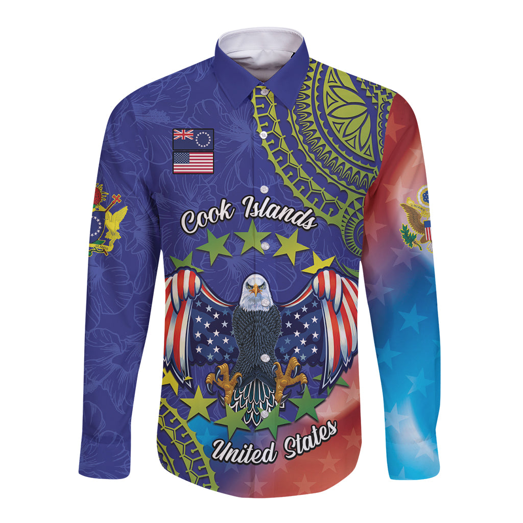 Personalised United States And Cook Islands Long Sleeve Button Shirt USA Eagle Mix Polynesian Pattern LT14 Unisex Blue - Polynesian Pride