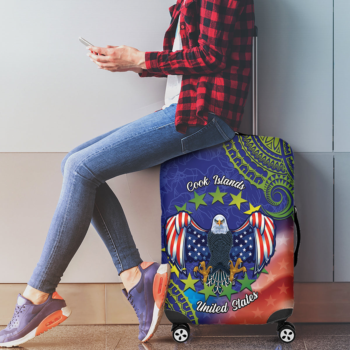 Personalised United States And Cook Islands Luggage Cover USA Eagle Mix Polynesian Pattern LT14 - Polynesian Pride