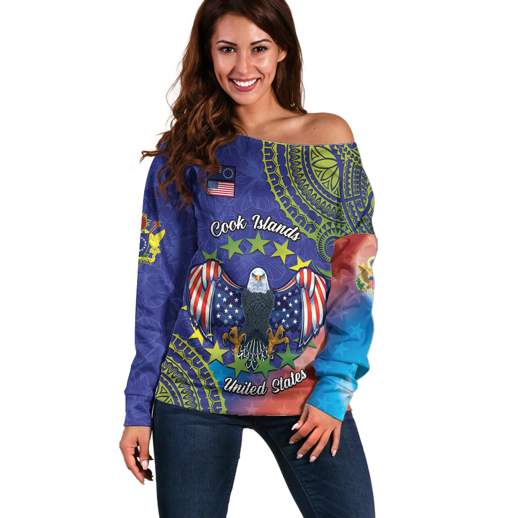 Personalised United States And Cook Islands Off Shoulder Sweater USA Eagle Mix Polynesian Pattern LT14 Women Blue - Polynesian Pride
